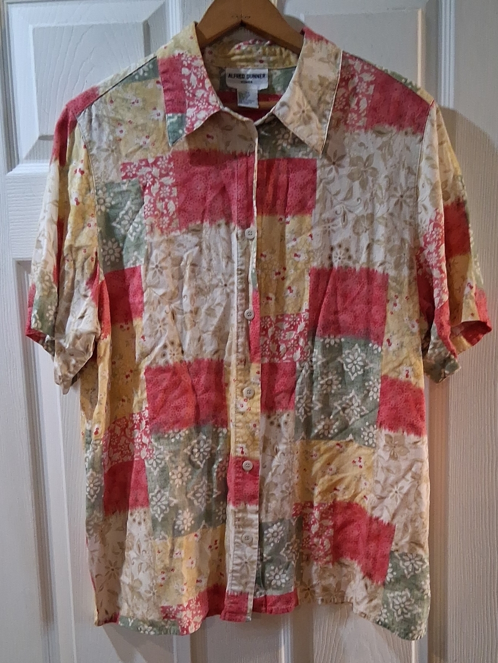 Alfred Dunner Women's Short-Sleeve Patchwork Floral Shirt - Red, Yellow, Green